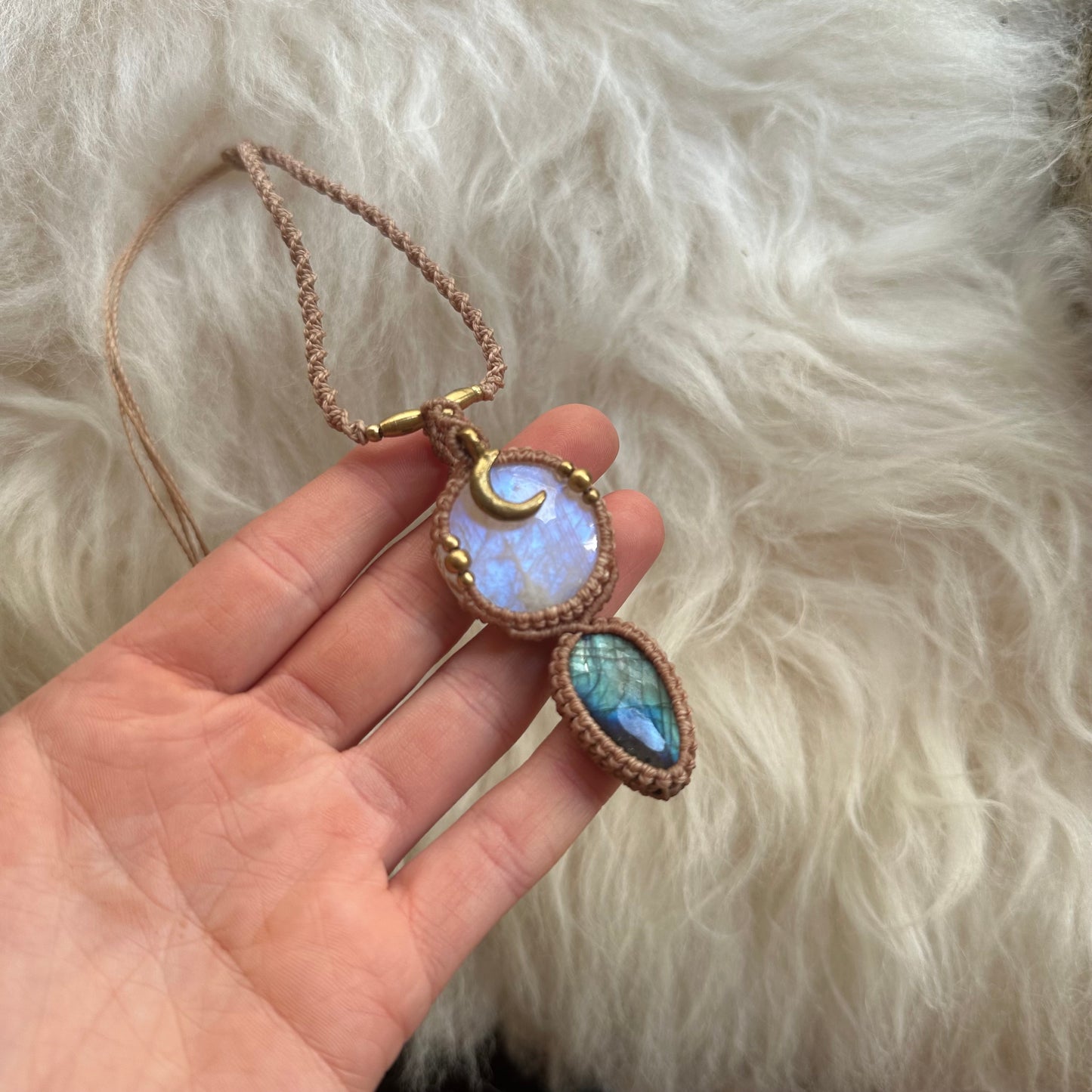 Rainbow Moonstone & Labradorite Macrame Necklace