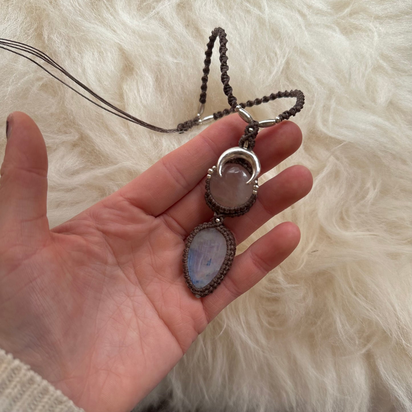 Rose Quartz & Rainbow Moonstone Macrame Necklace