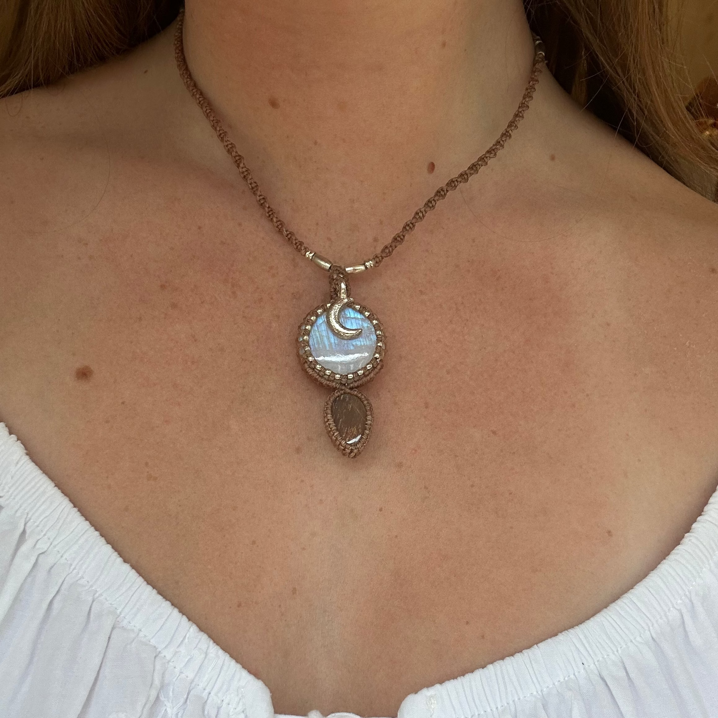Macrame Rainbow Moonstone and Sunstone Necklace