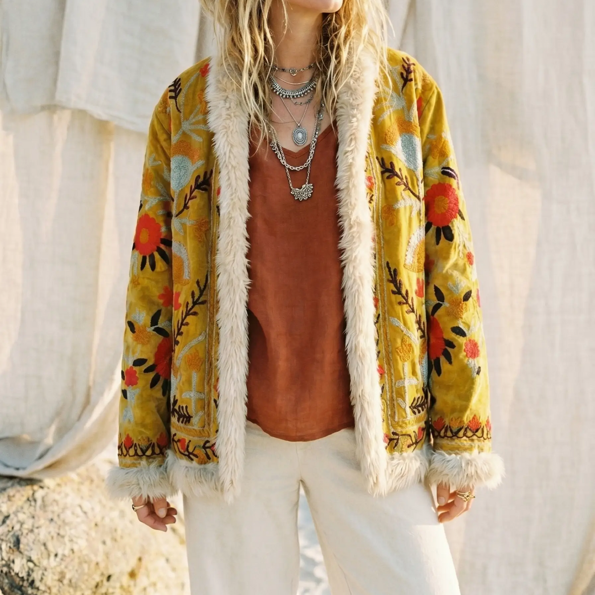 Fur Trim Embroidered coat