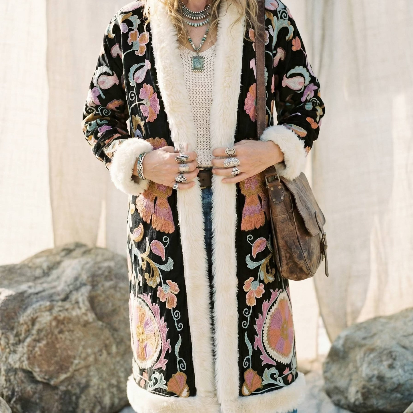 Long Fur Trim Embroidered Coat