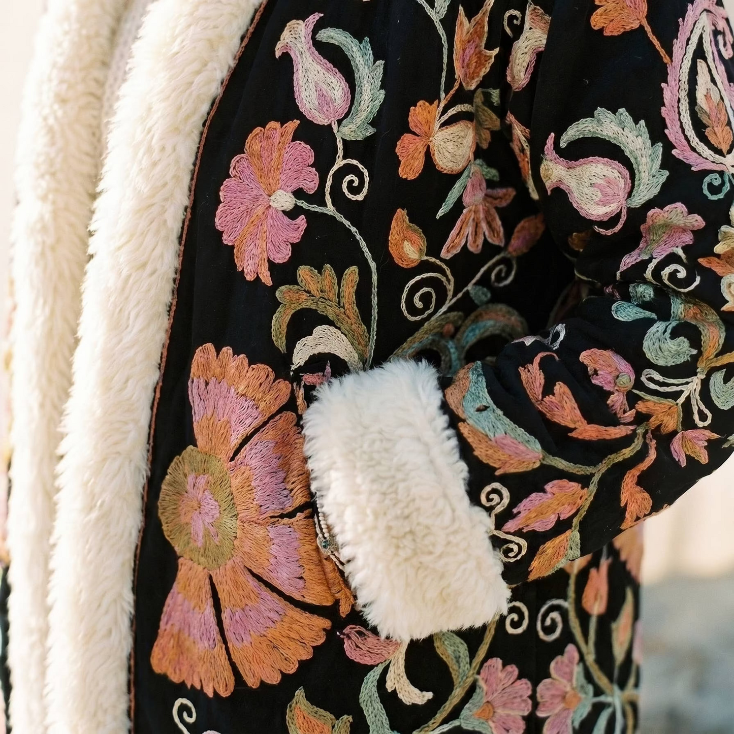 Long Fur Trim Embroidered Coat