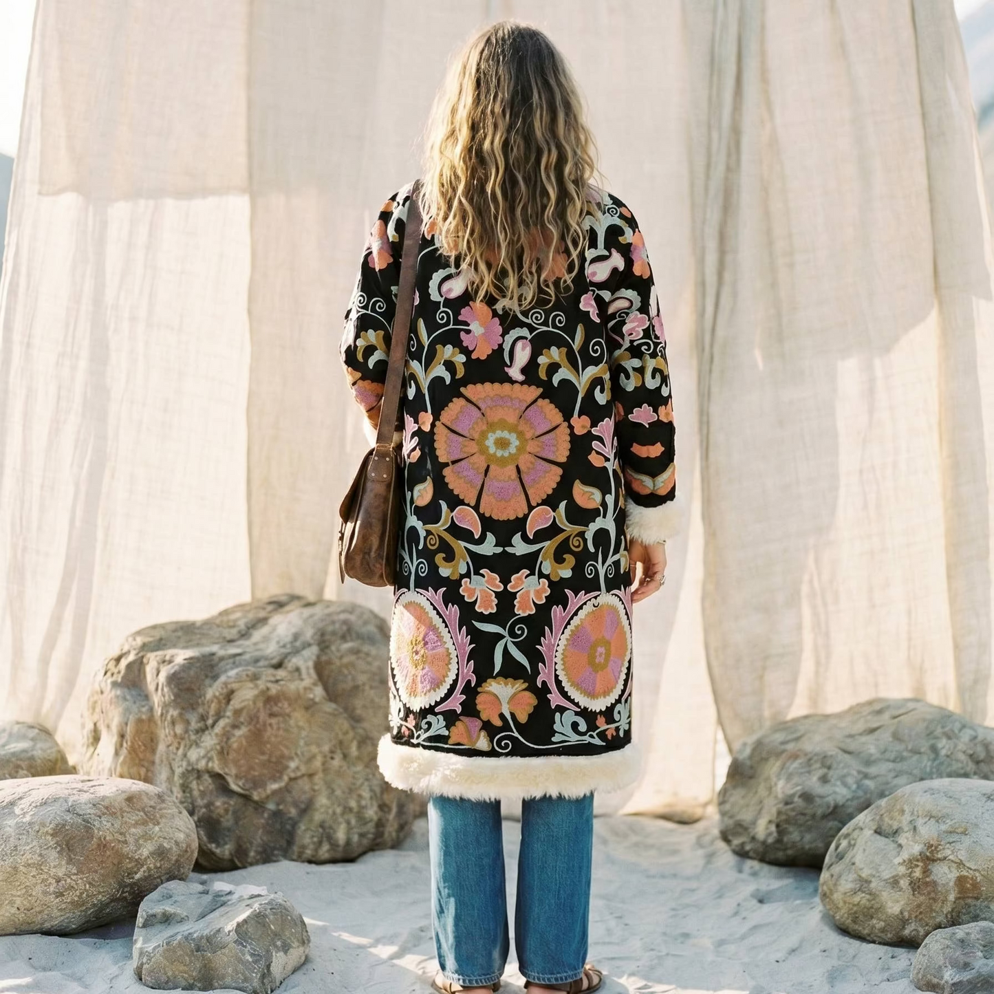Long Fur Trim Embroidered Coat