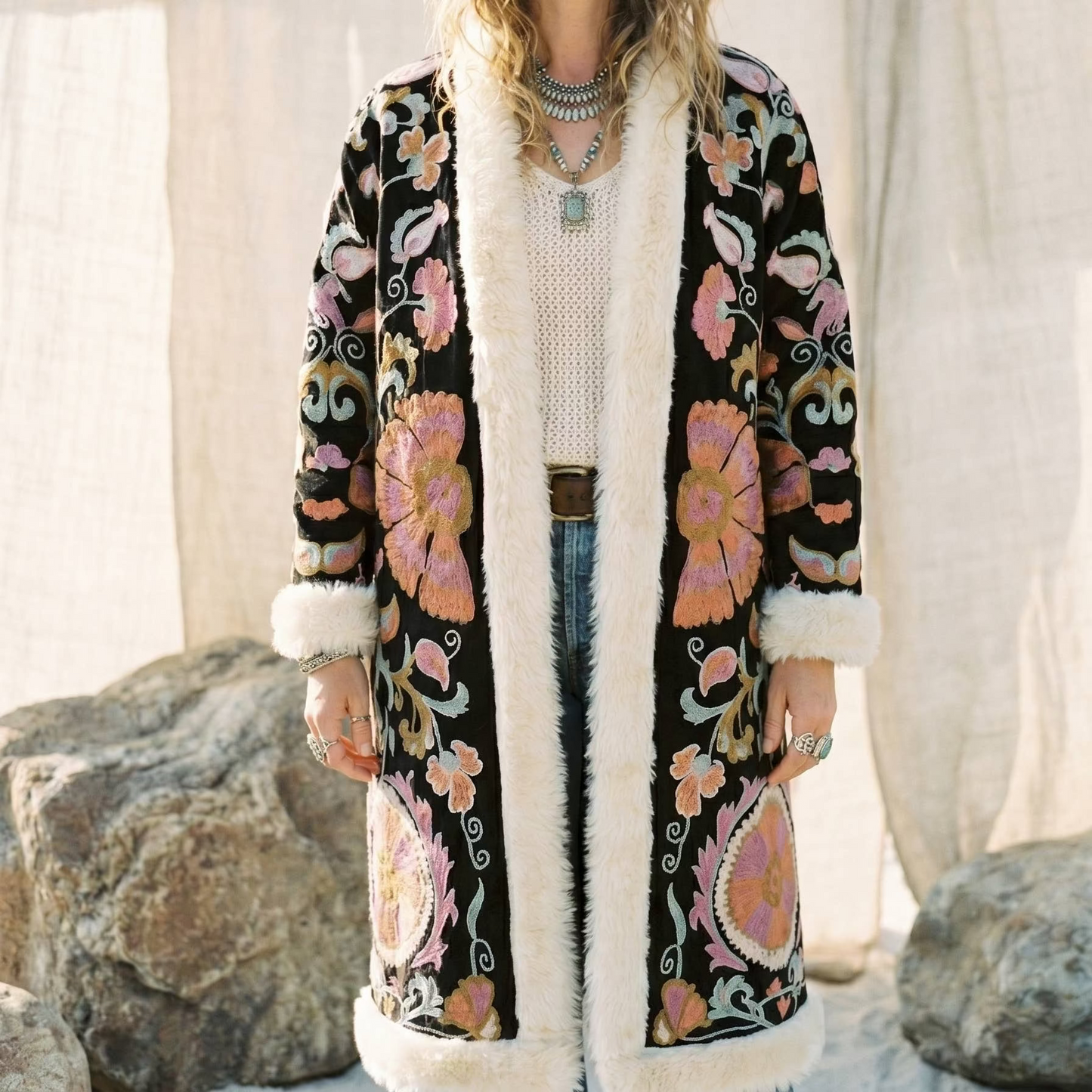 Long Fur Trim Embroidered Coat