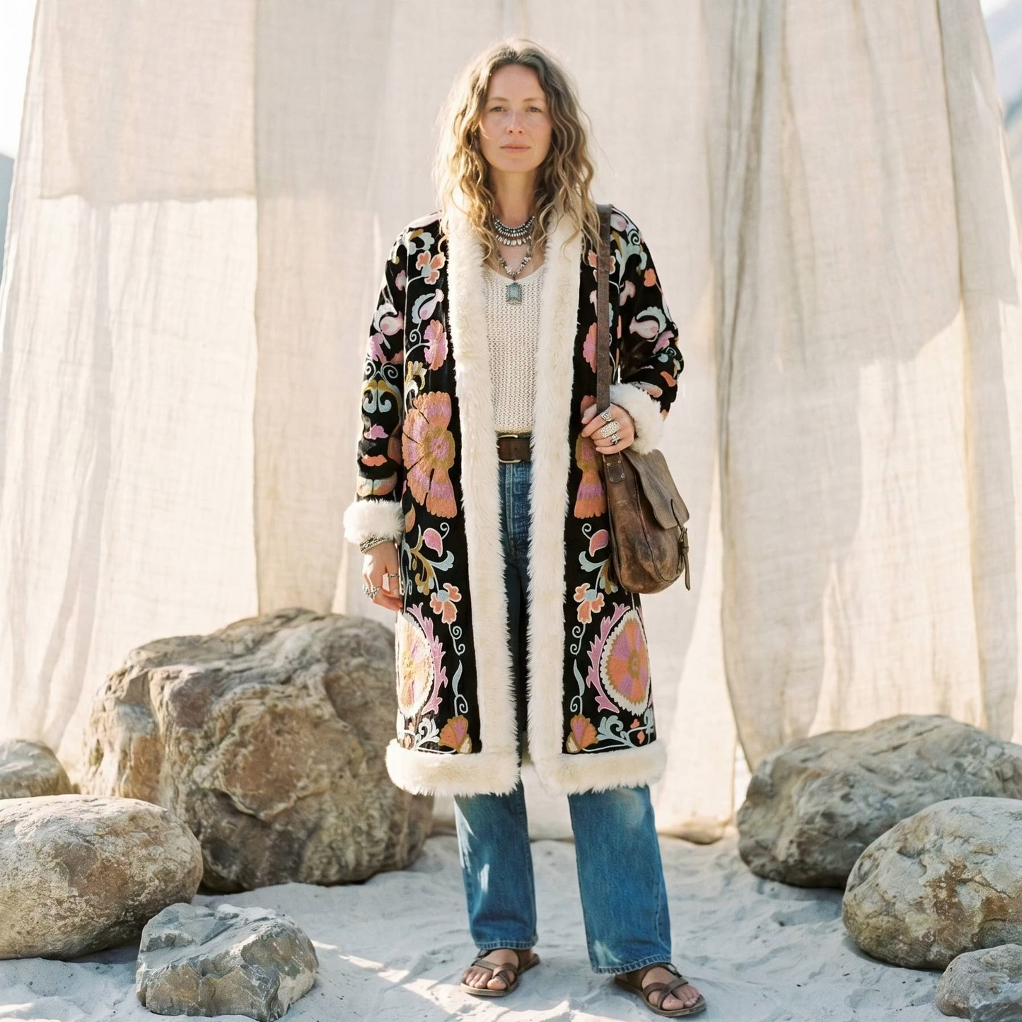 Long Fur Trim Embroidered Coat
