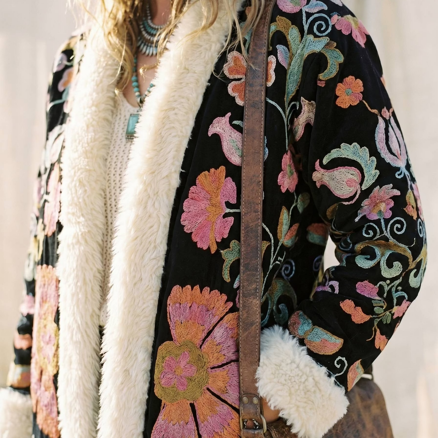 Long Fur Trim Embroidered Coat