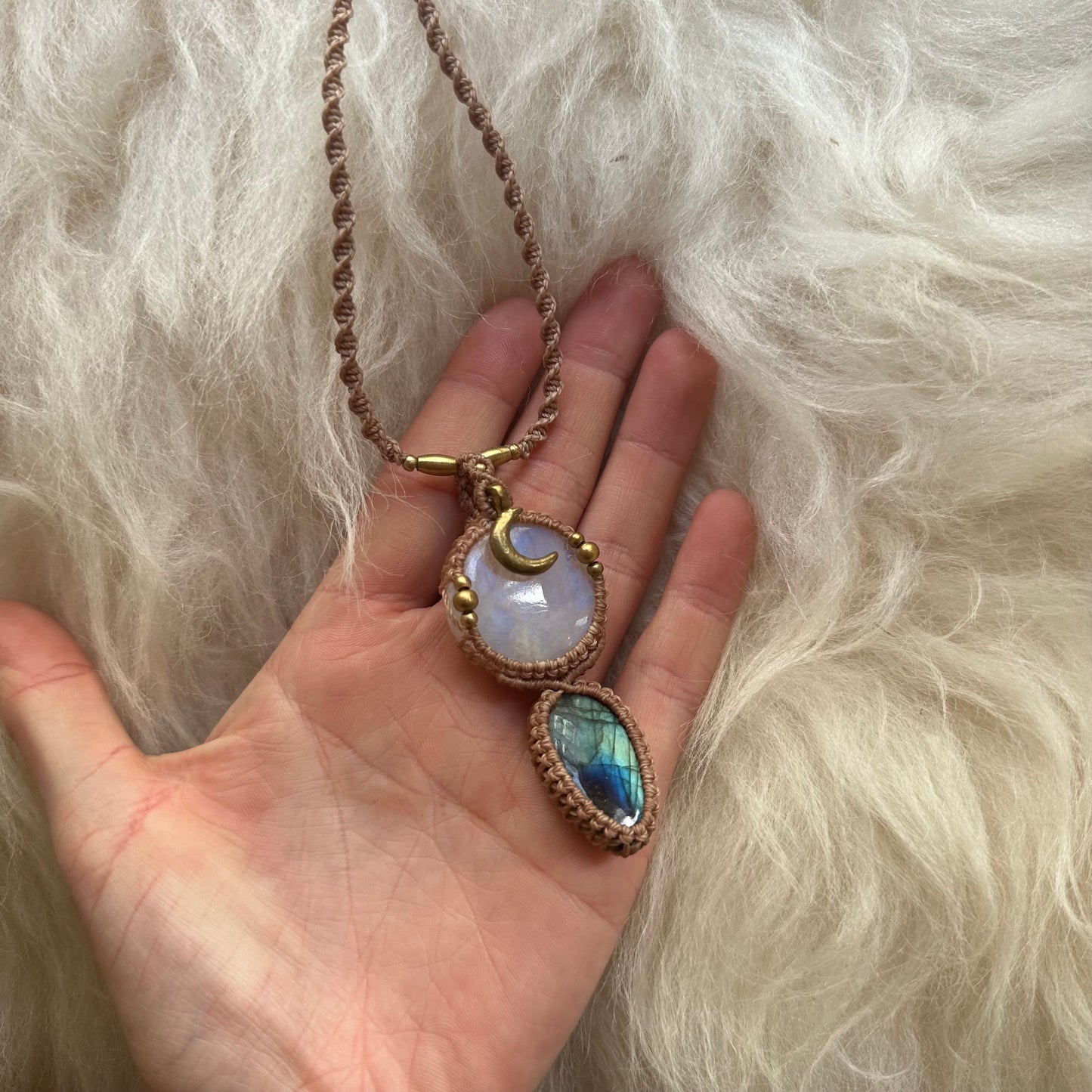 Rainbow Moonstone & Labradorite Macrame Necklace