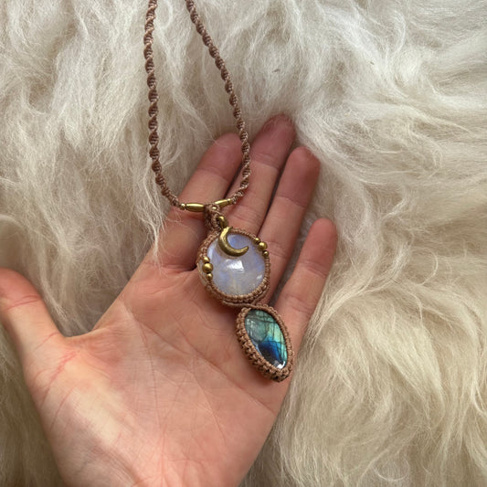 Rainbow Moonstone & Labradorite Macrame Necklace