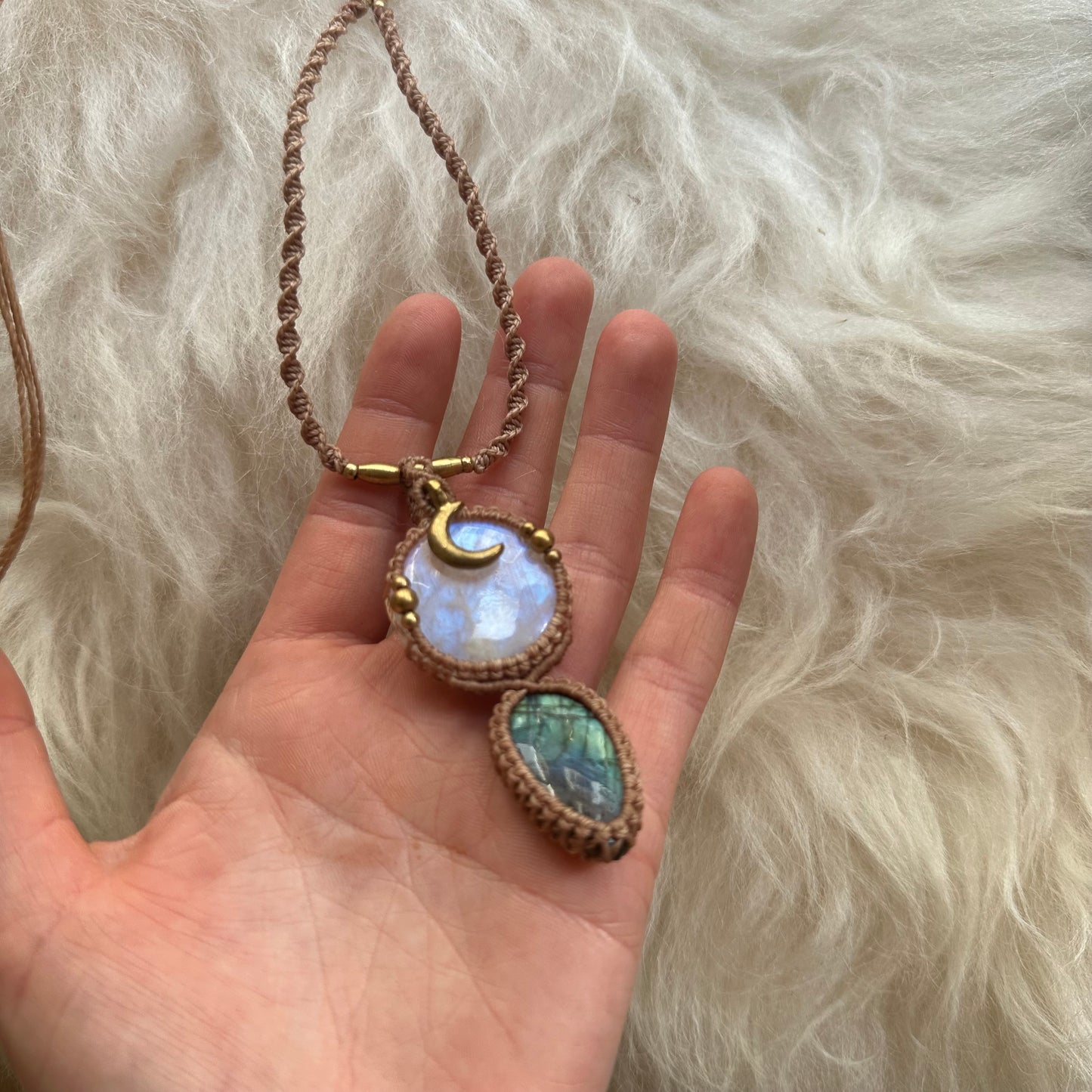 Rainbow Moonstone & Labradorite Macrame Necklace