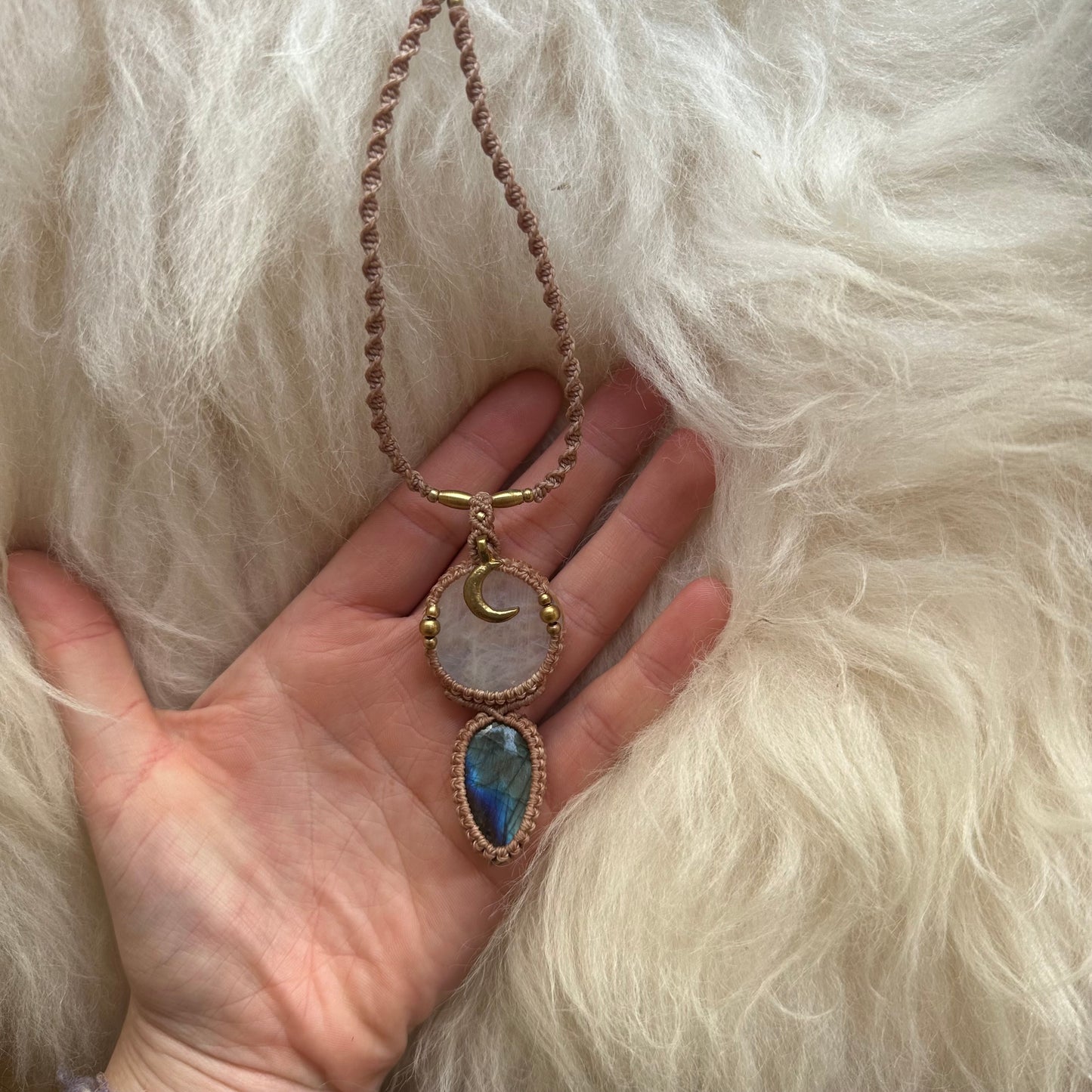 Rainbow Moonstone & Labradorite Macrame Necklace