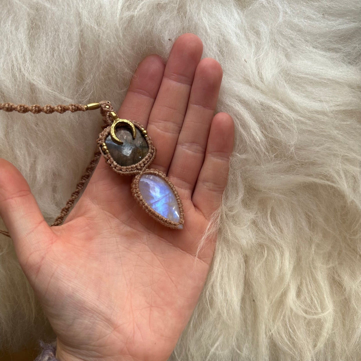 Labradorite & Rainbow Moonstone Macrame Necklace