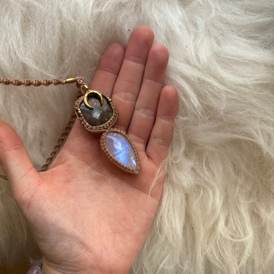 Labradorite & Rainbow Moonstone Macrame Necklace