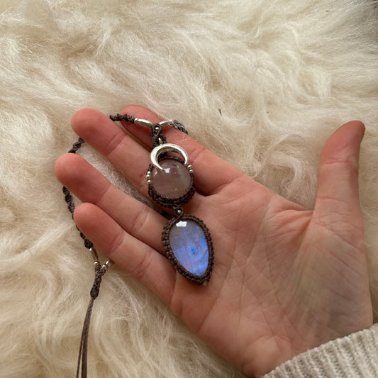 Rose Quartz & Rainbow Moonstone Macrame Necklace