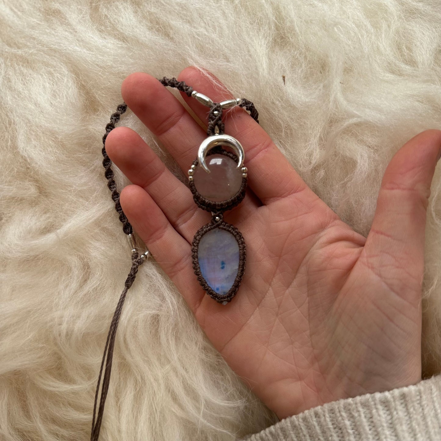 Rose Quartz & Rainbow Moonstone Macrame Necklace