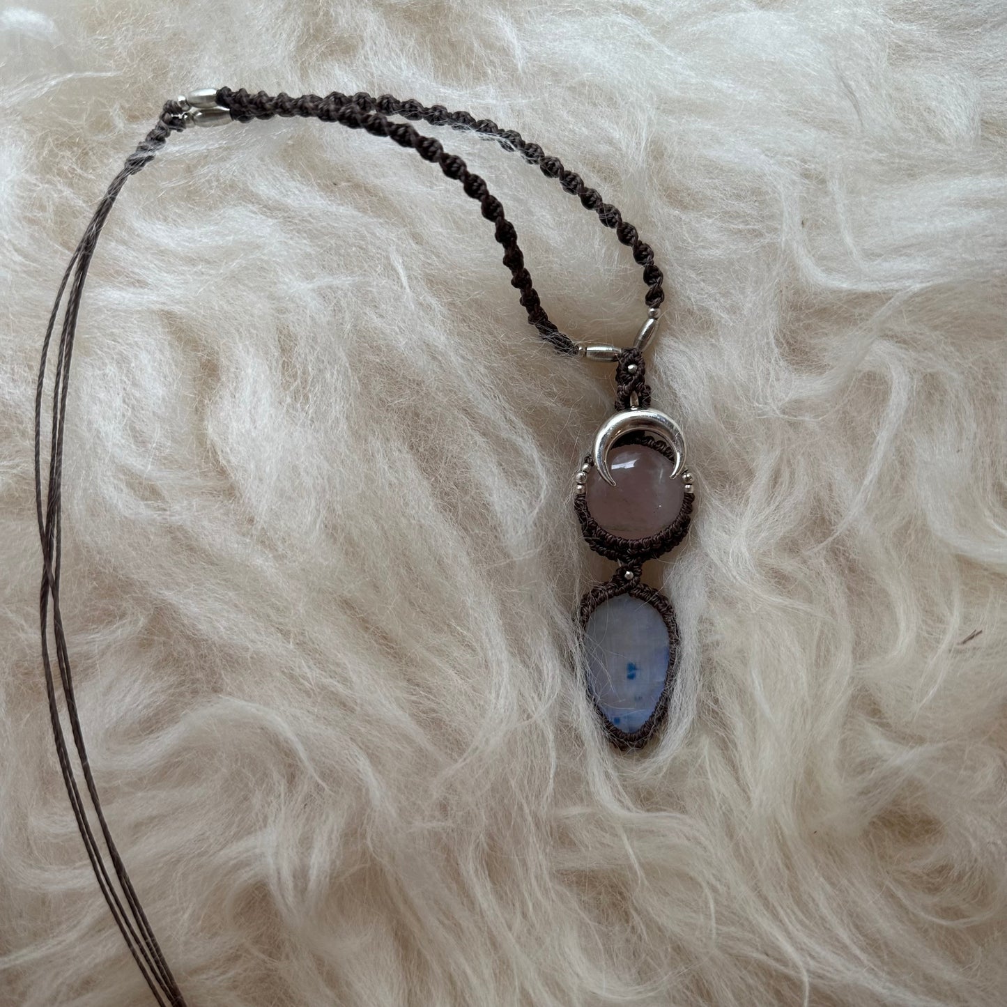 Rose Quartz & Rainbow Moonstone Macrame Necklace