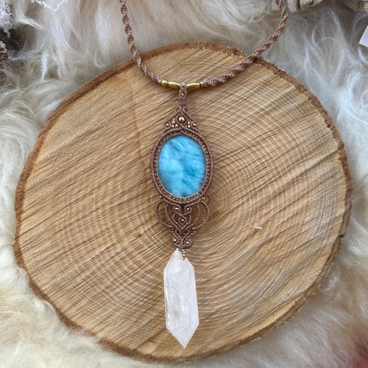 Macrame Larimar & Clear Quartz Necklace