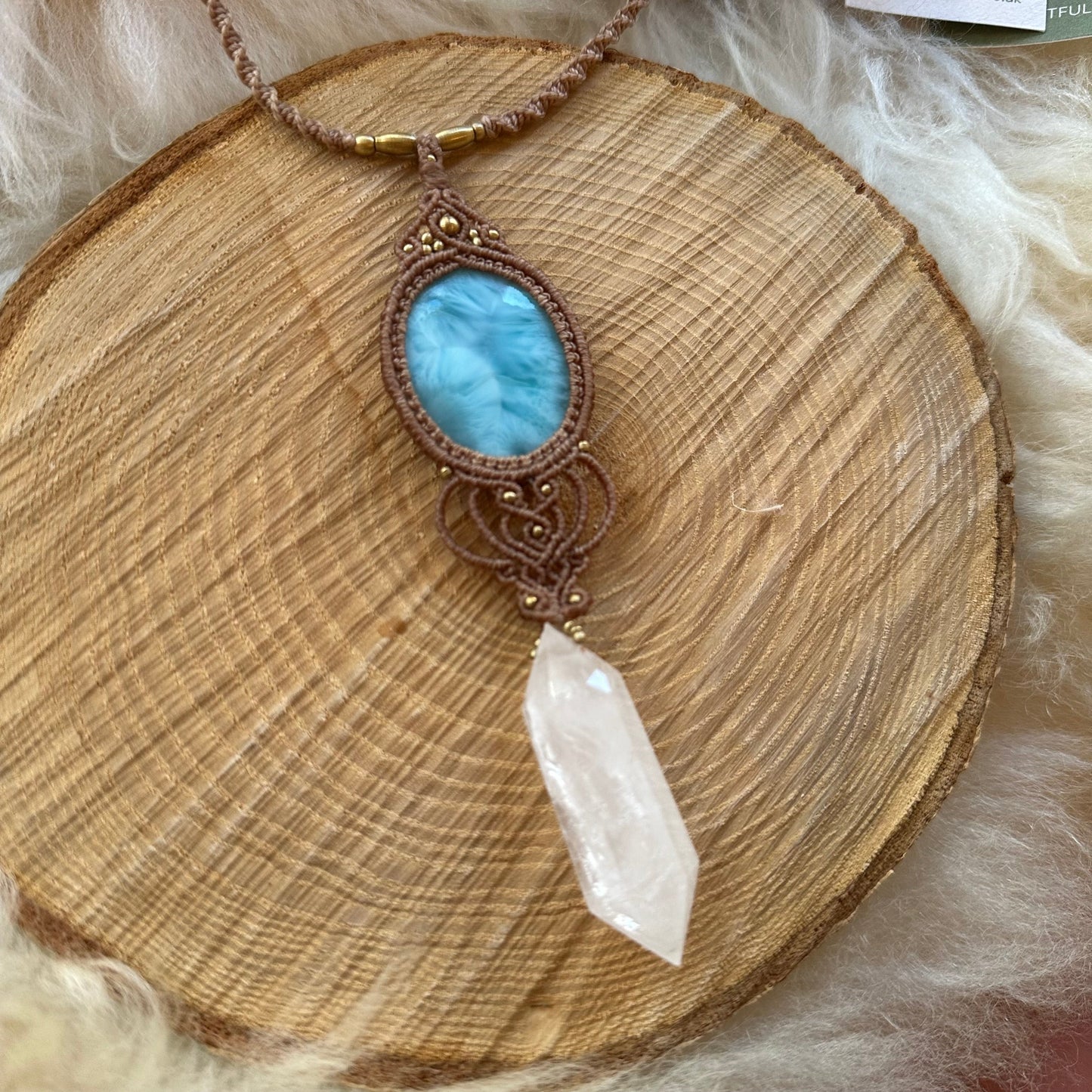 Macrame Larimar & Clear Quartz Necklace