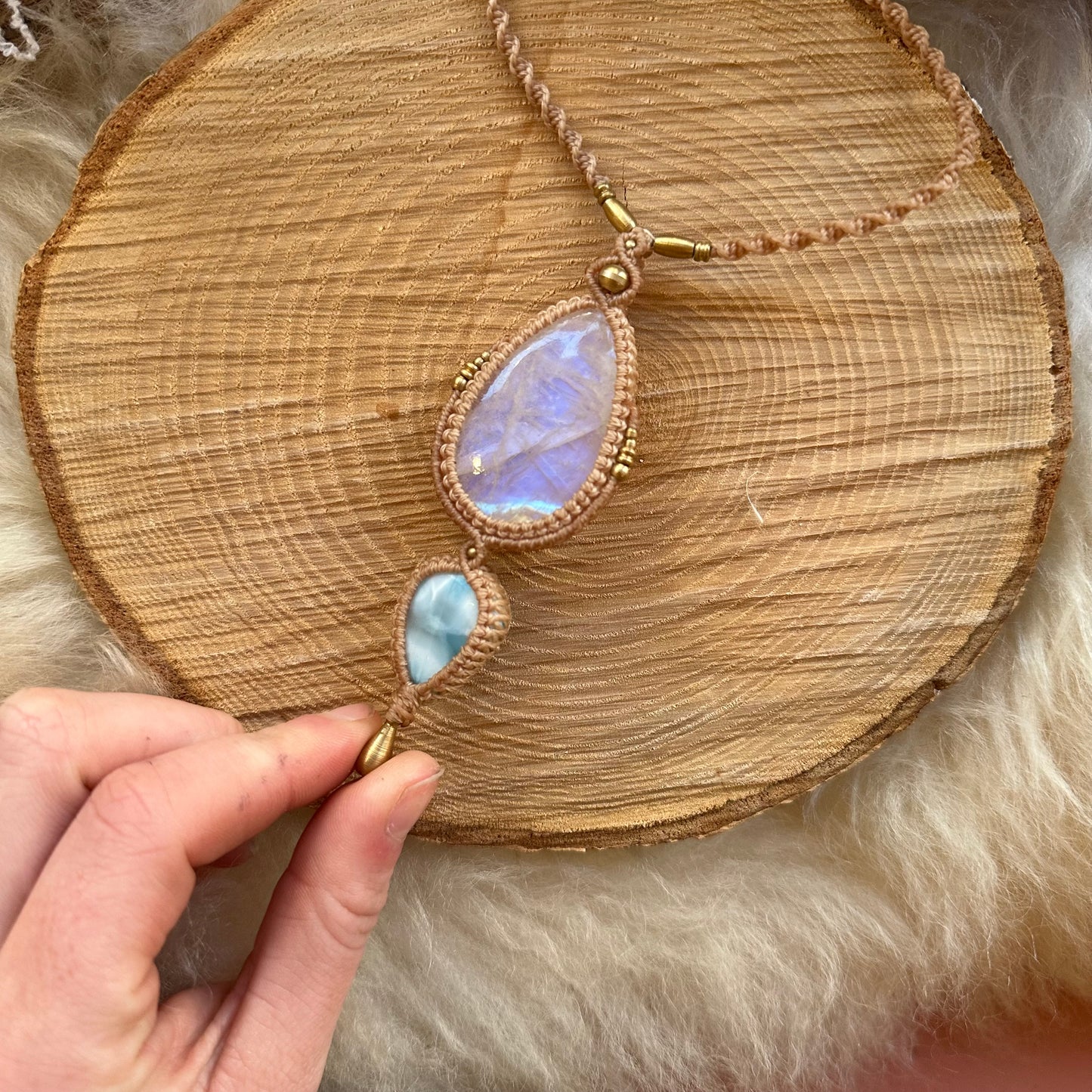 Macrame Rainbow Moonstone & Larimar Necklace
