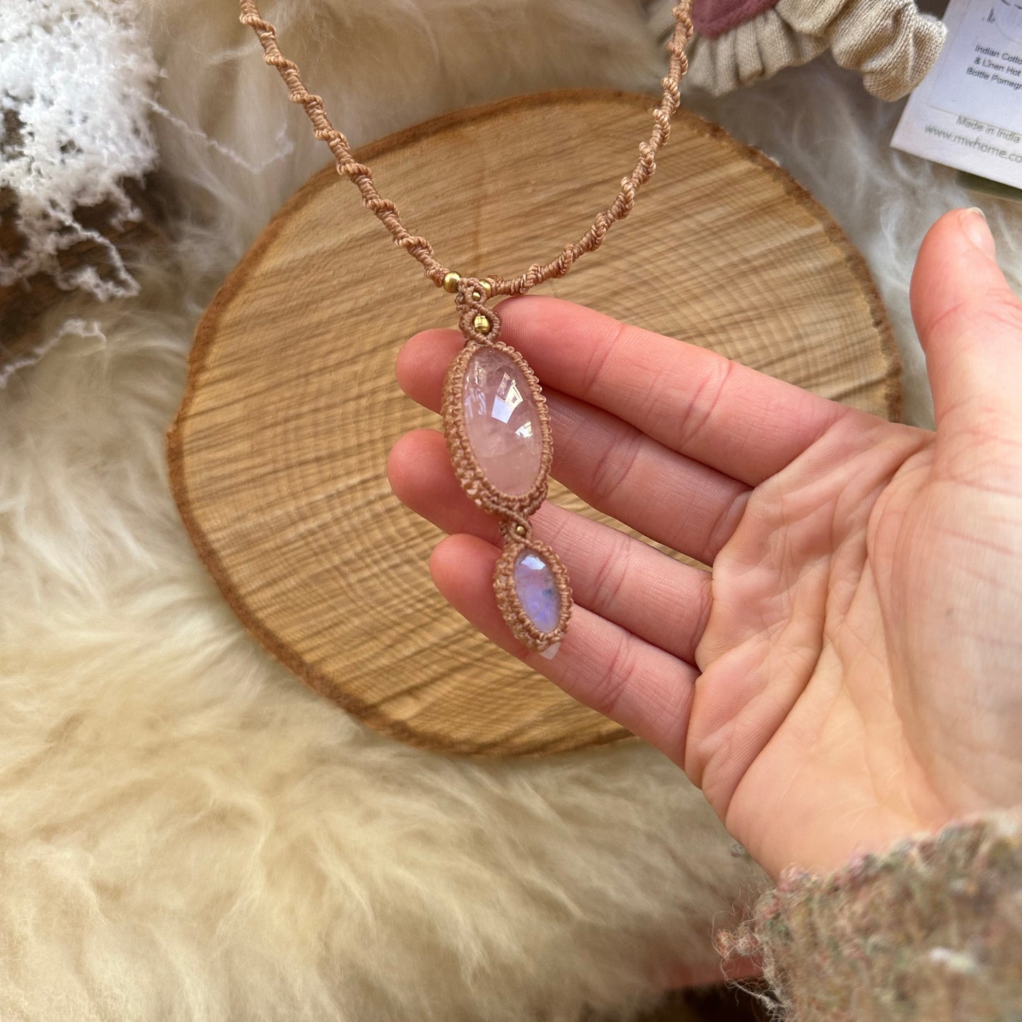 Macrame Rose Quartz & Rainbow Moonstone Necklace