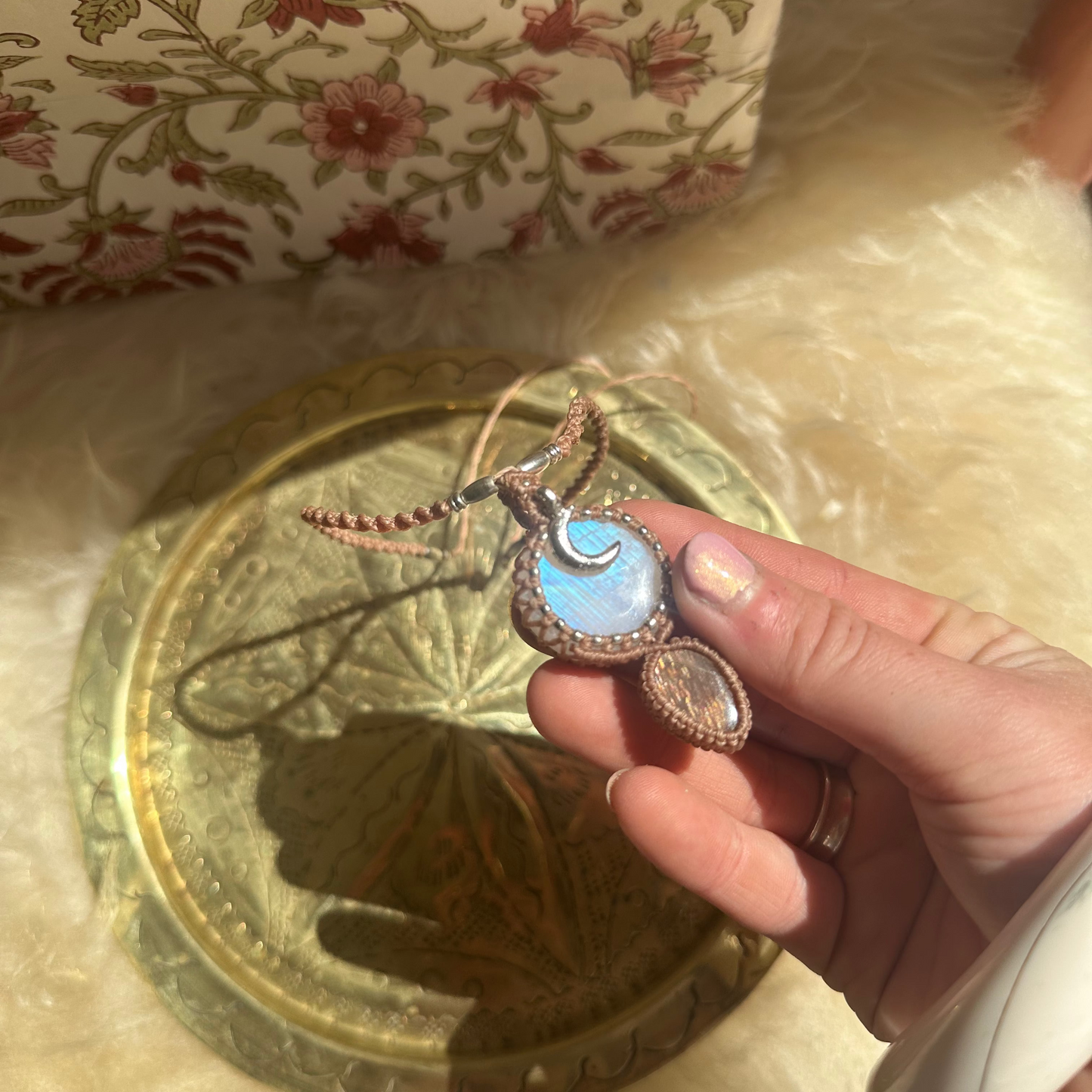 Macrame Rainbow Moonstone and Sunstone Necklace