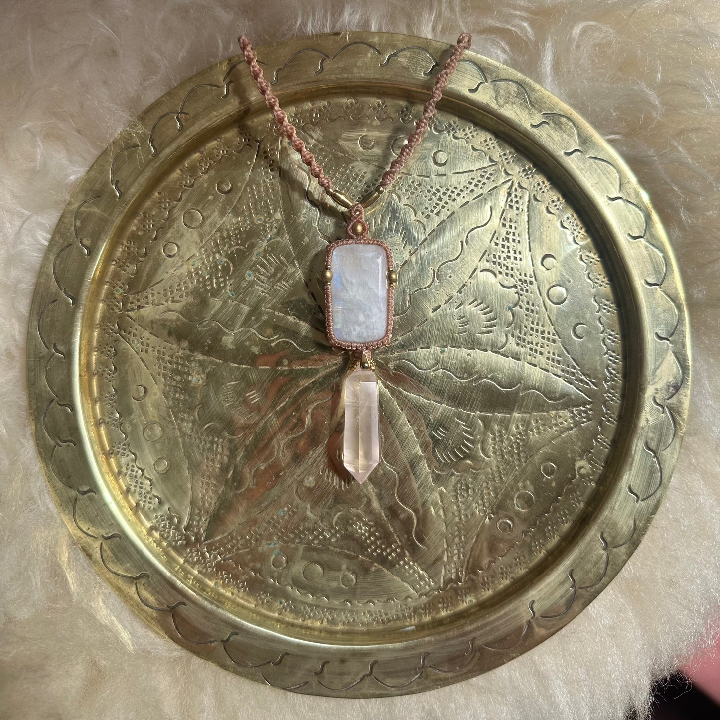Macrame Rainbow Moonstone and Rose Quartz Necklace