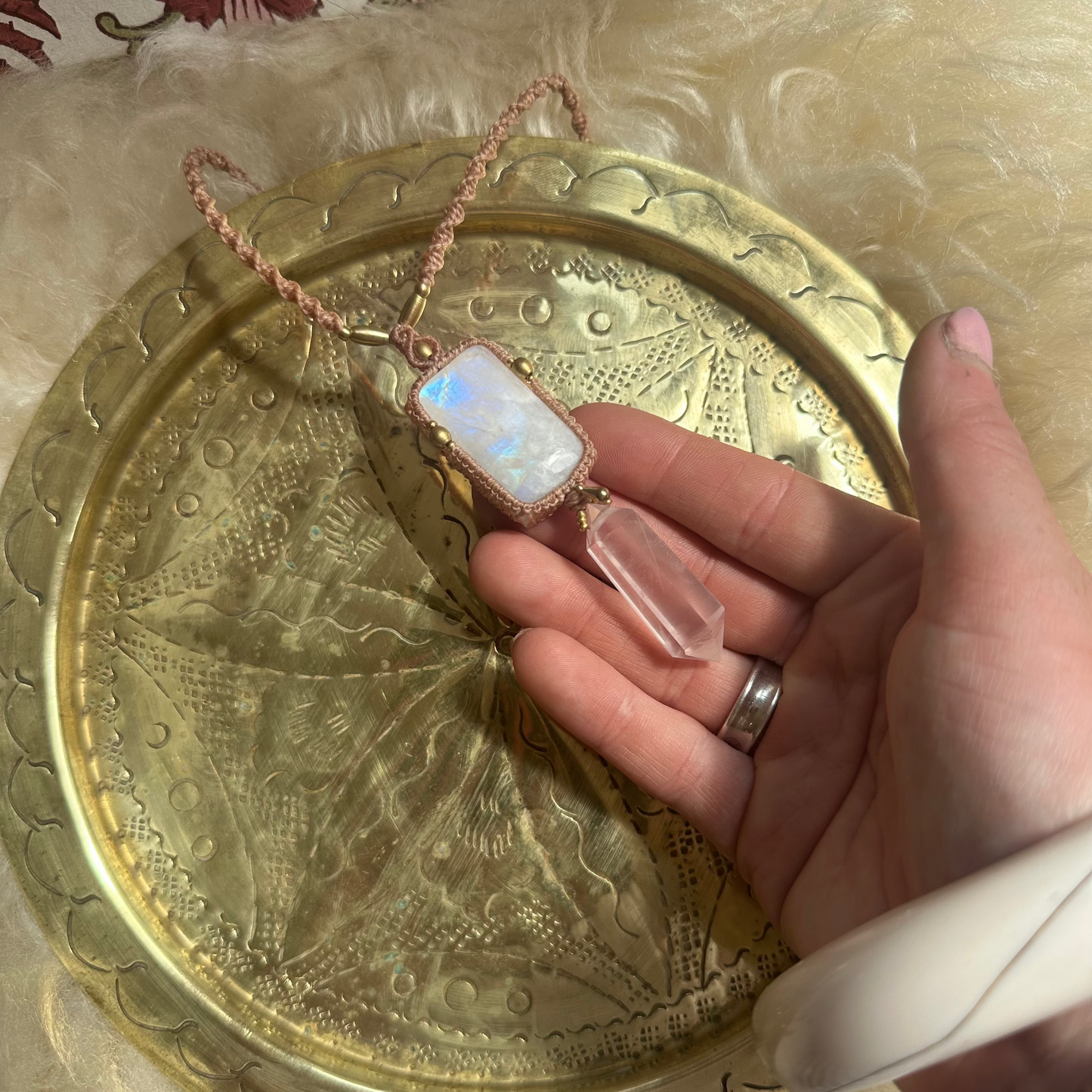 Macrame Rainbow Moonstone and Rose Quartz Necklace