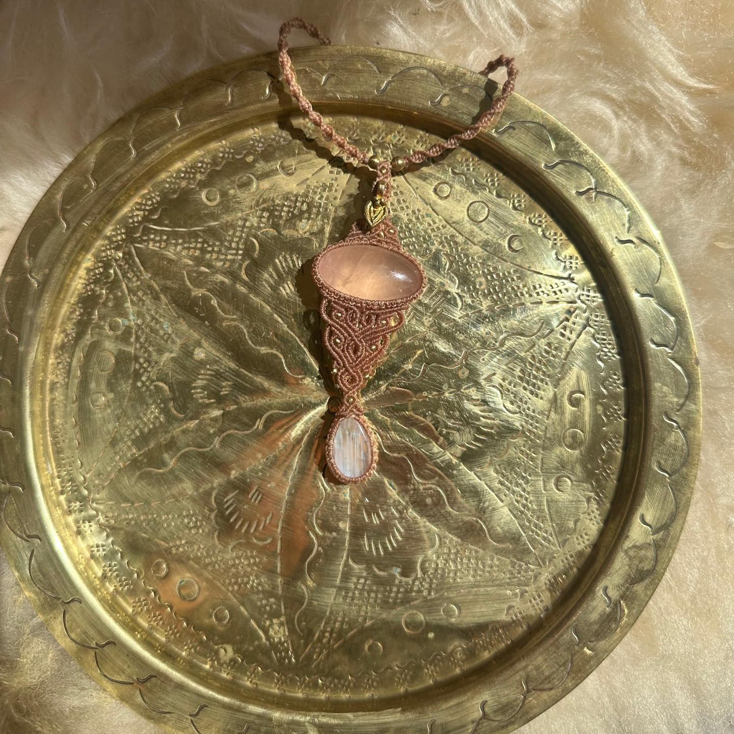 Macrame Rose Quartz and Rainbow Moonstone Necklace
