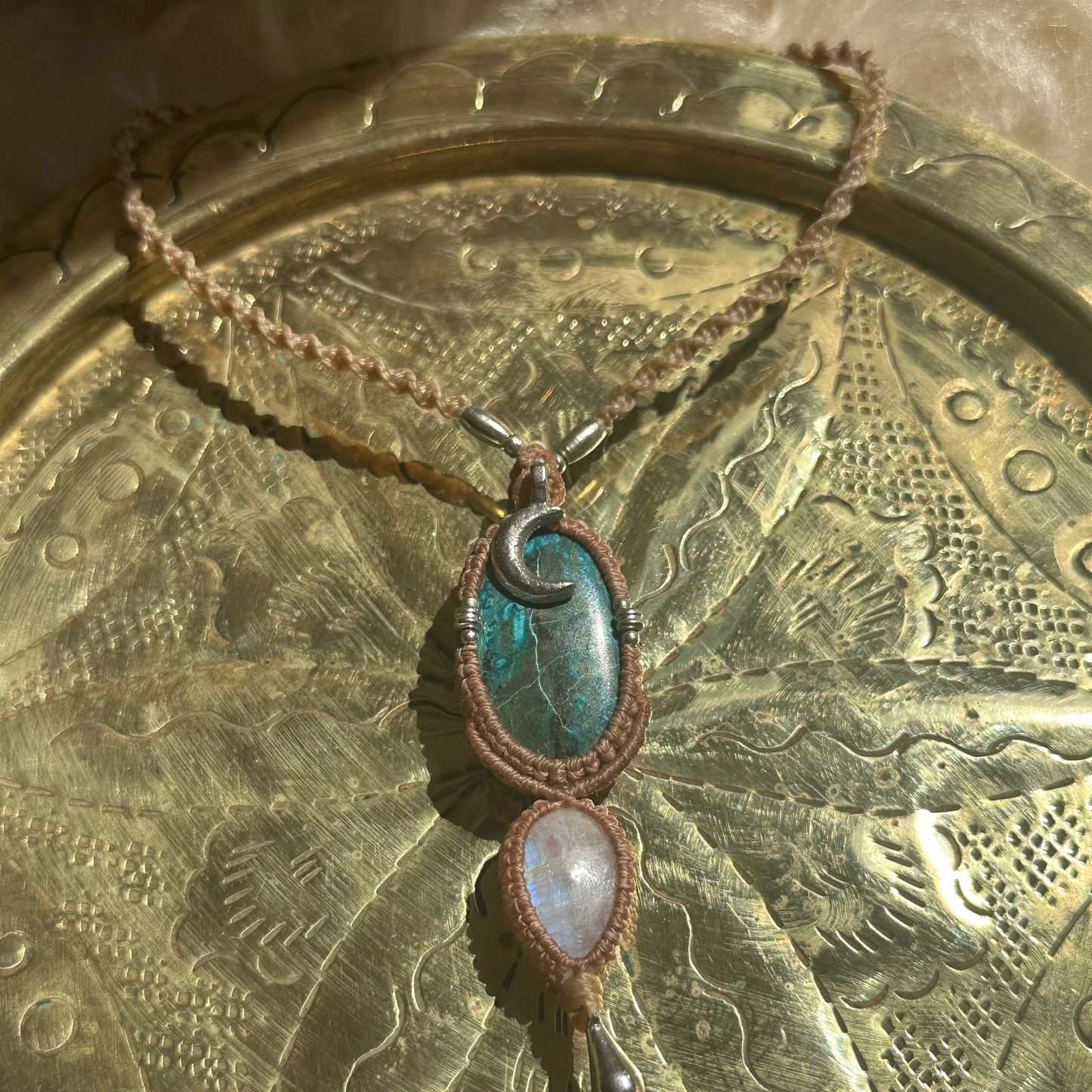 Macrame Chrysocolla and Rainbow Moonstone Necklace