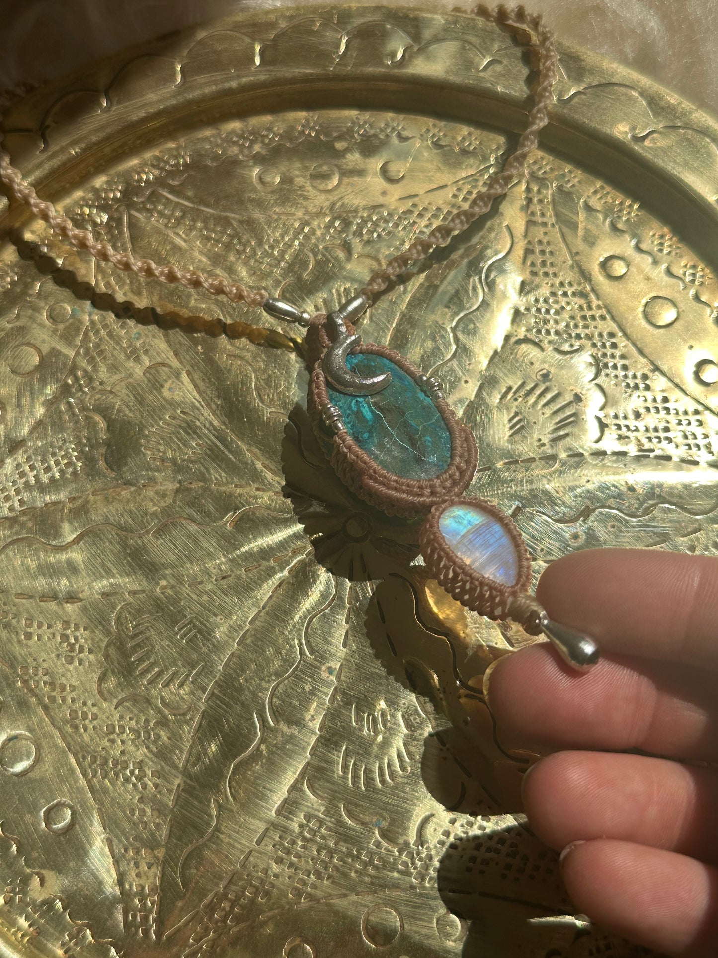 Macrame Chrysocolla and Rainbow Moonstone Necklace