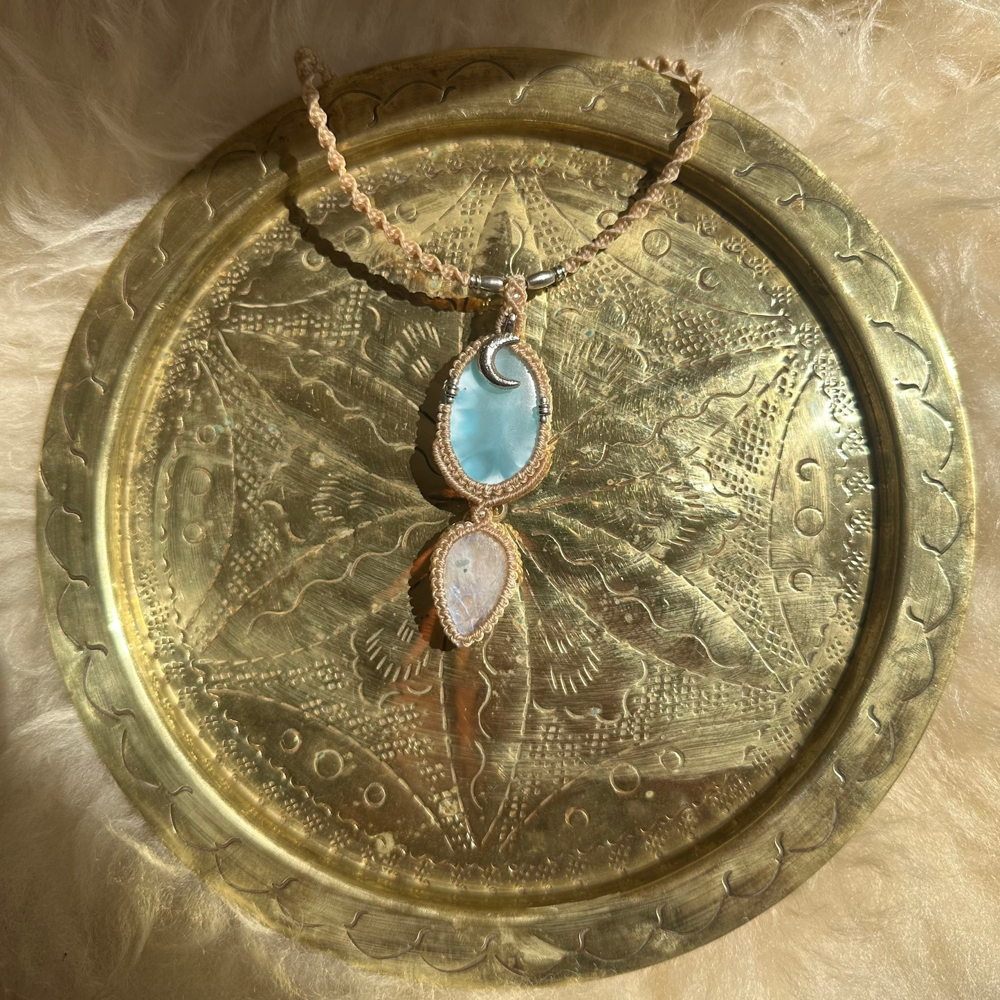 Macrame Larimar and Rainbow Moonstone Necklace