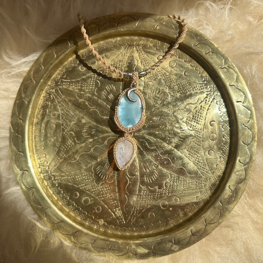 Macrame Larimar and Rainbow Moonstone Necklace