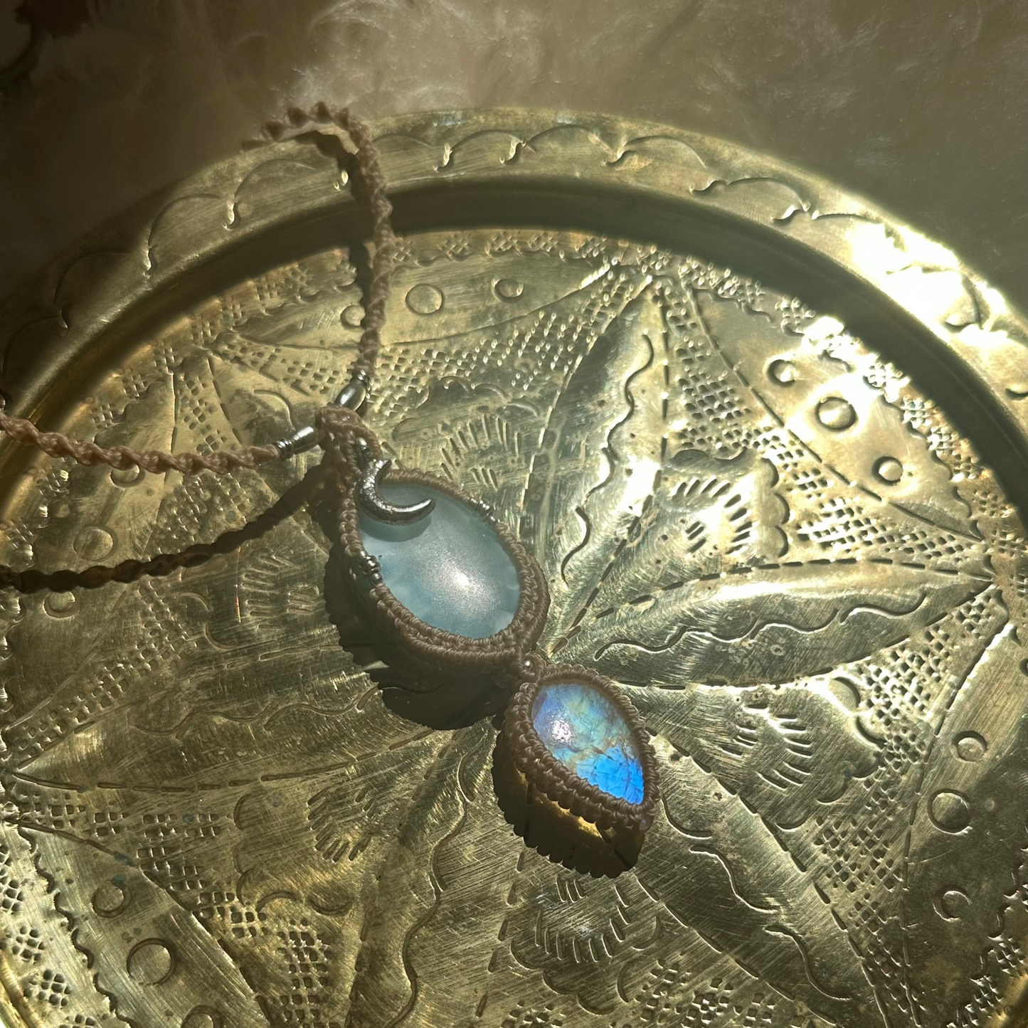 Macrame Larimar and Rainbow Moonstone Necklace