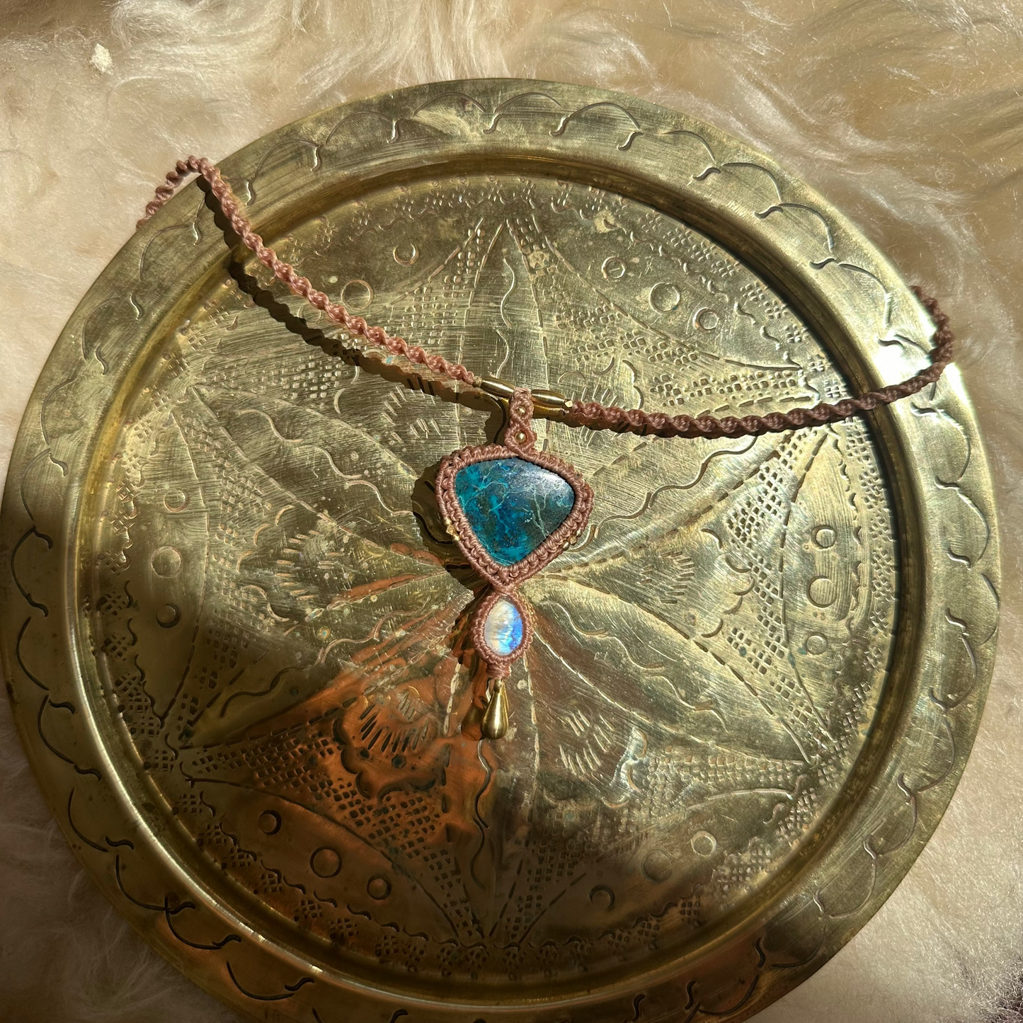 Macrame Chrysocolla and Rainbow Moonstone Necklace