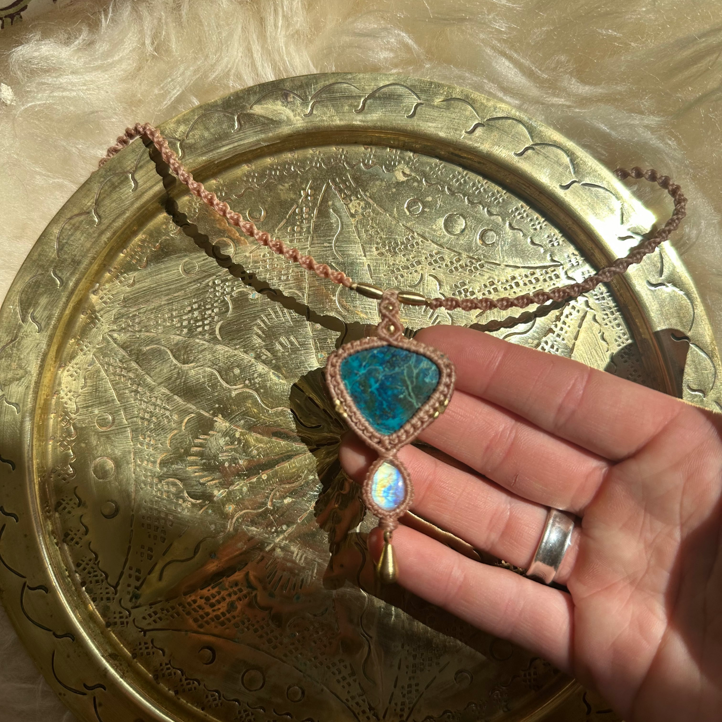 Macrame Chrysocolla and Rainbow Moonstone Necklace
