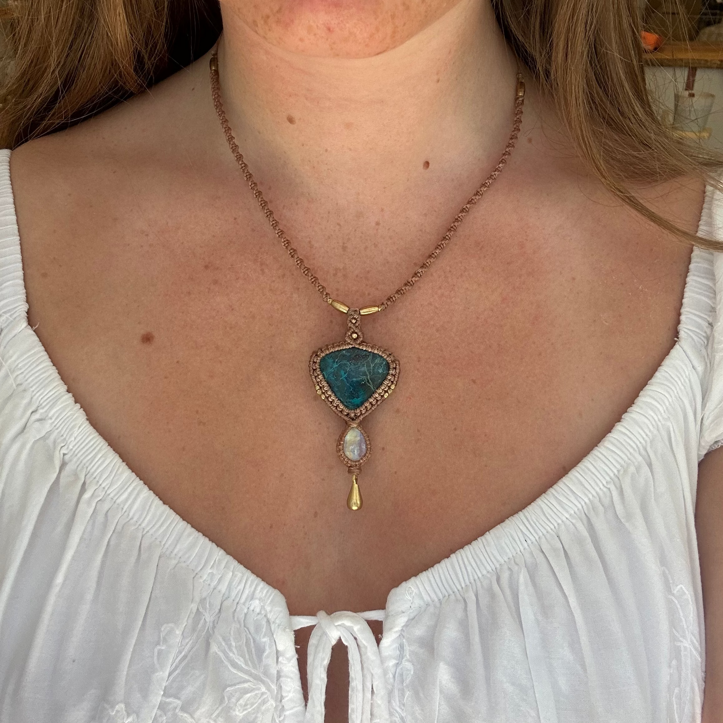 Macrame Chrysocolla and Rainbow Moonstone Necklace