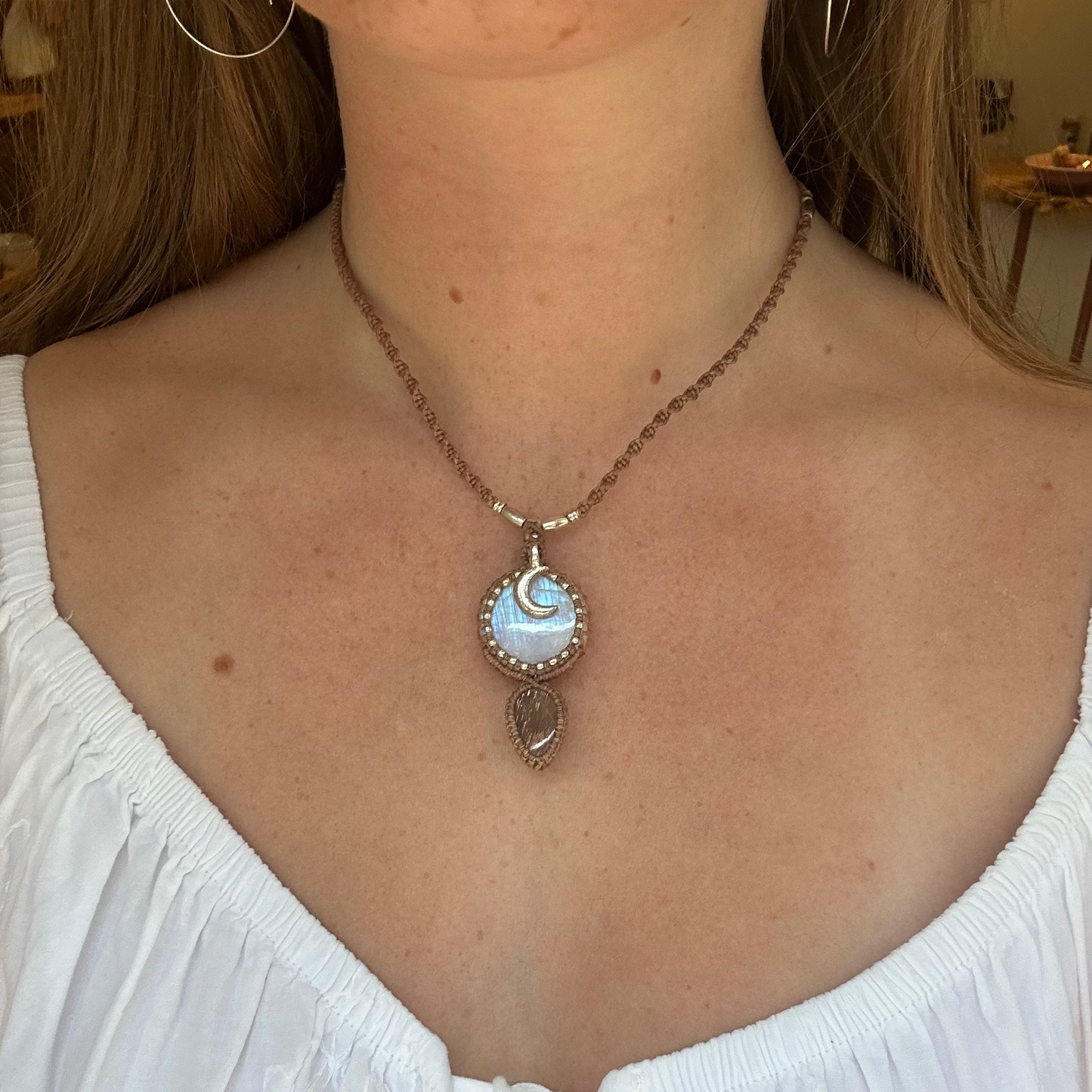 Macrame Rainbow Moonstone and Sunstone Necklace