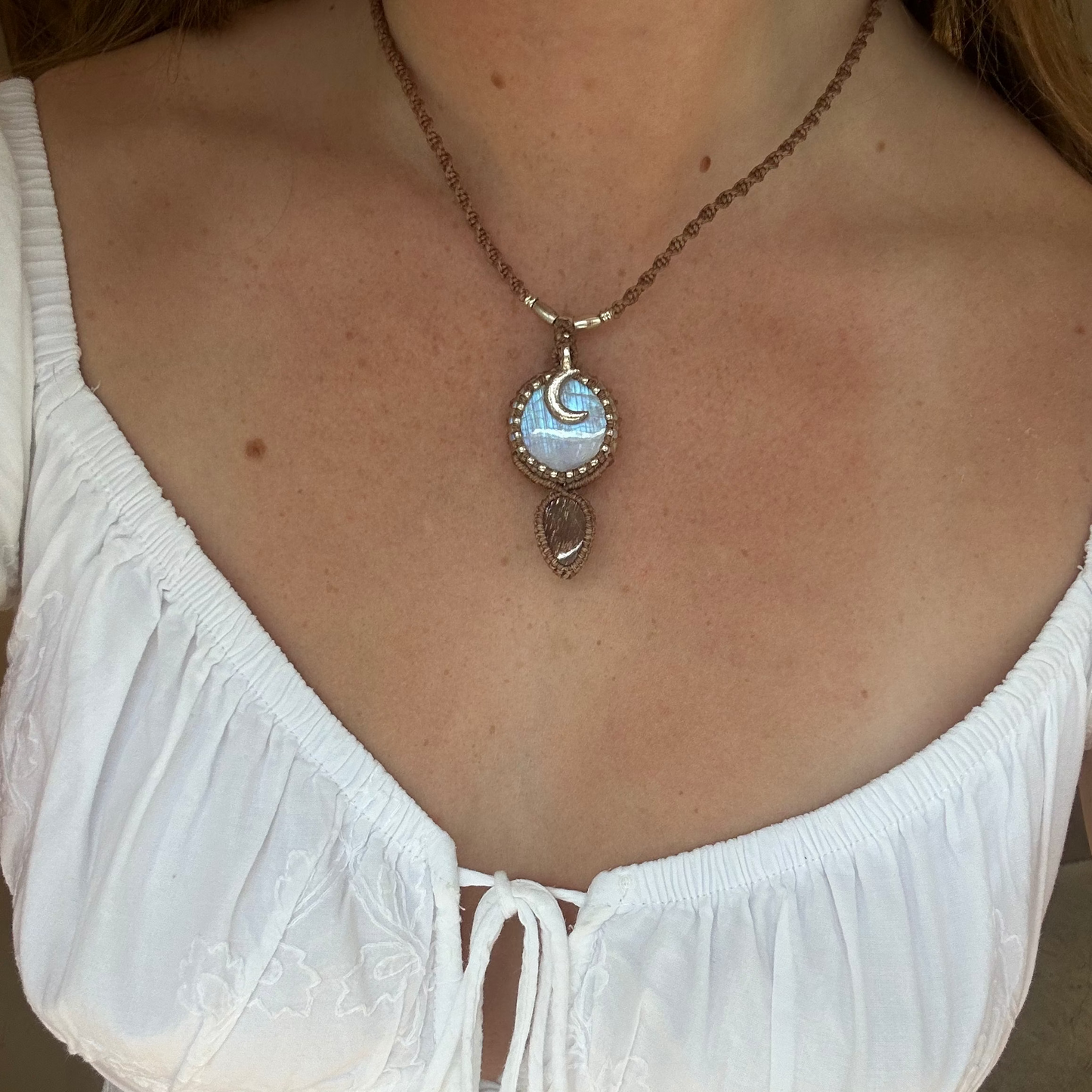 Macrame Rainbow Moonstone and Sunstone Necklace