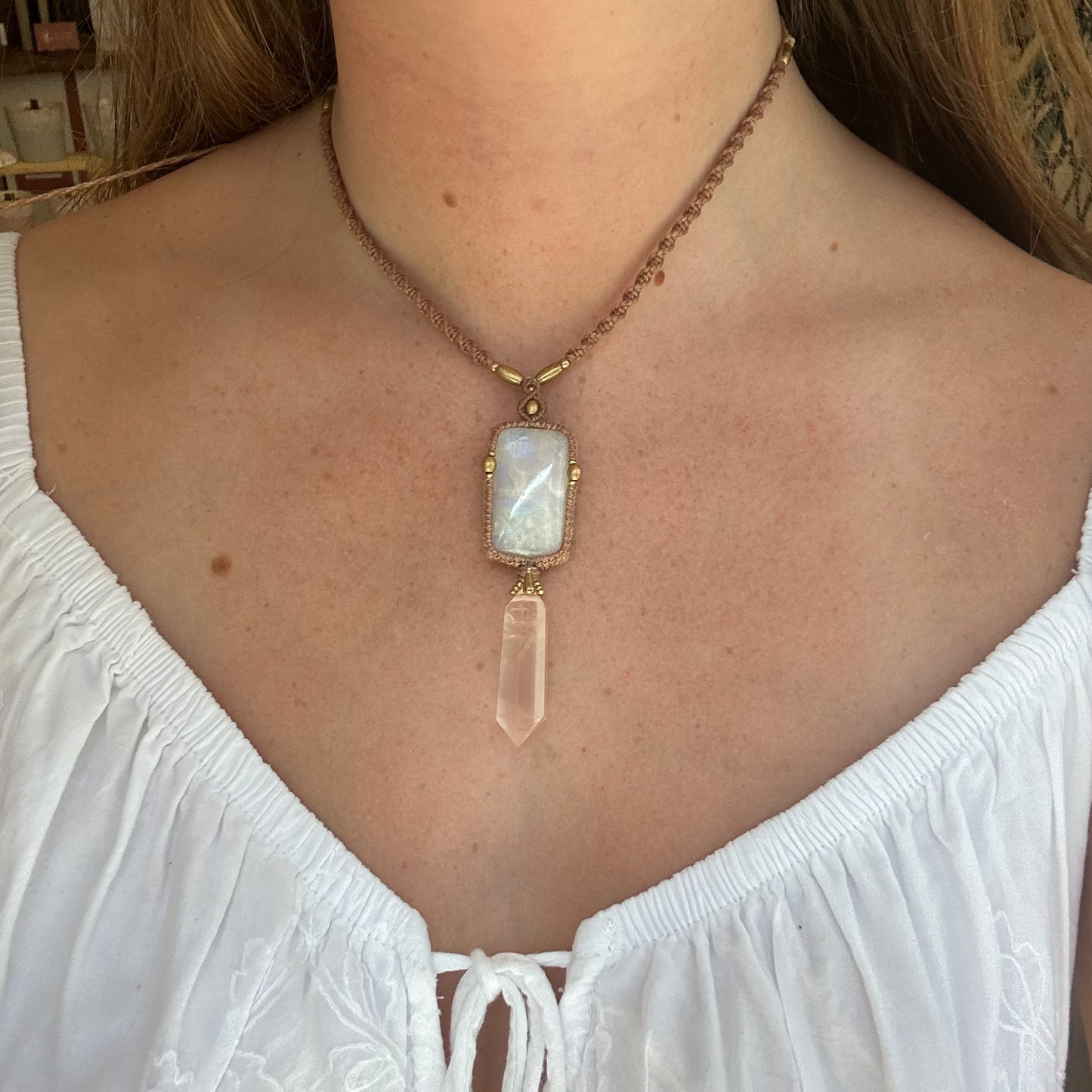 Macrame Rainbow Moonstone and Rose Quartz Necklace