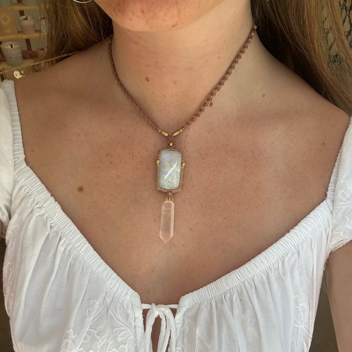 Macrame Rainbow Moonstone and Rose Quartz Necklace