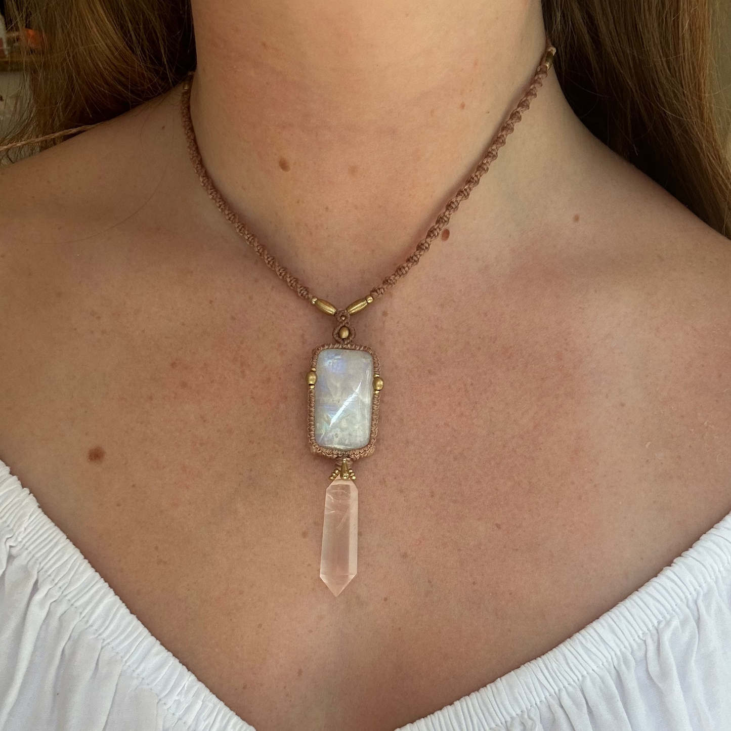 Macrame Rainbow Moonstone and Rose Quartz Necklace