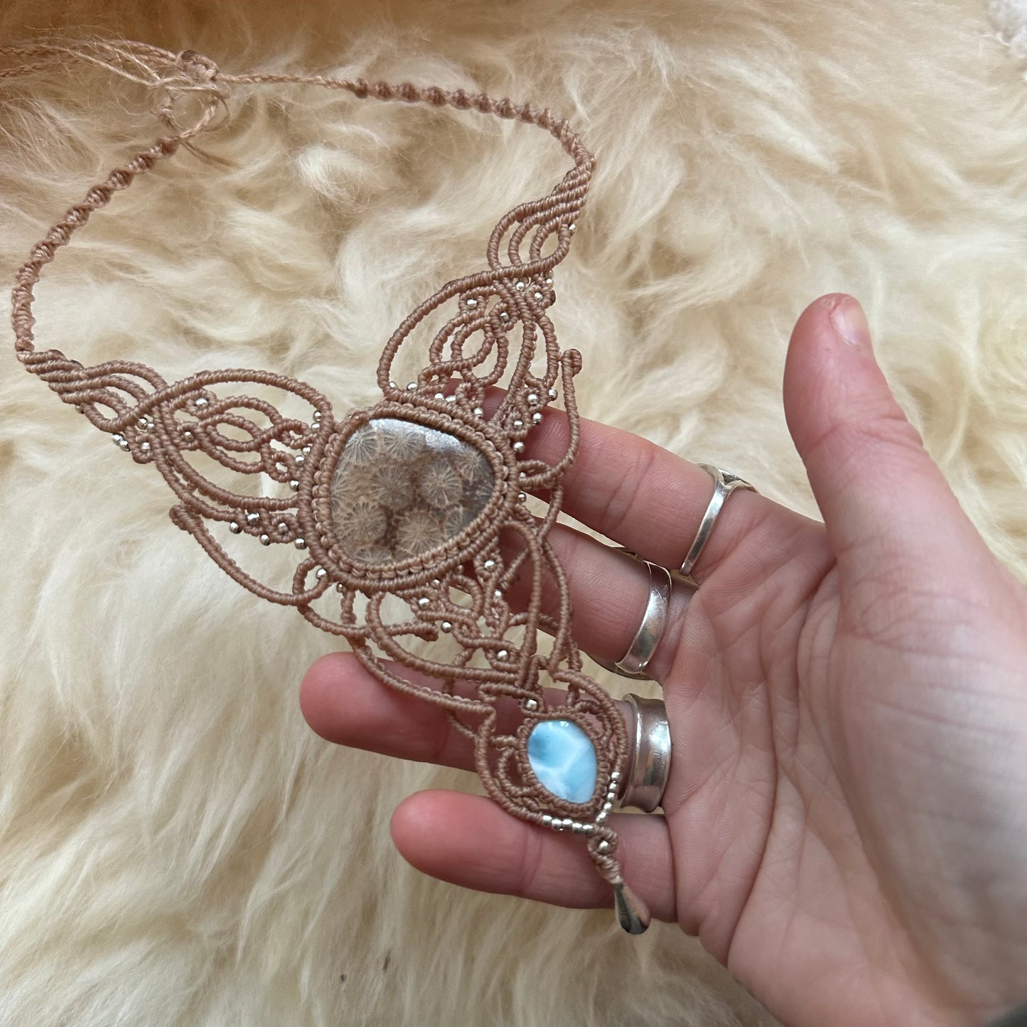 Macrame Coral & Larimar Necklace