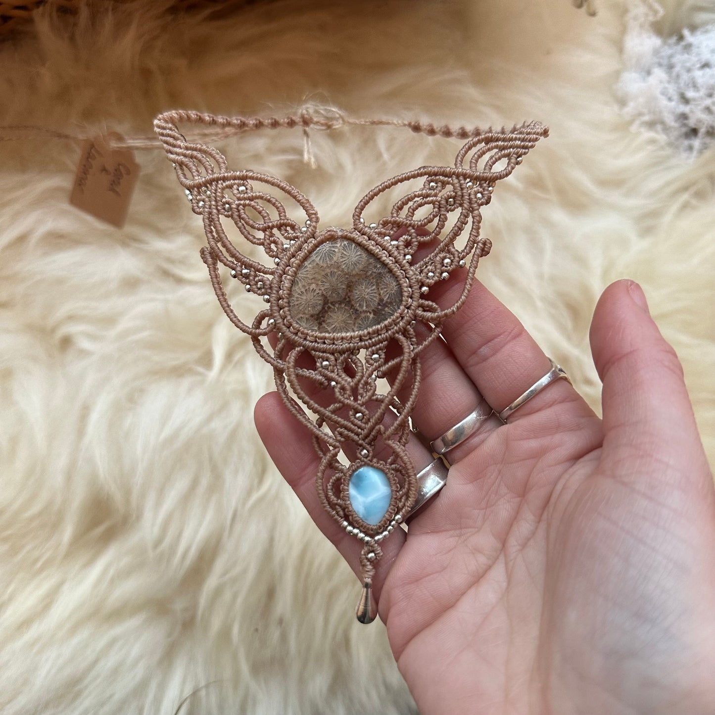 Macrame Coral & Larimar Necklace