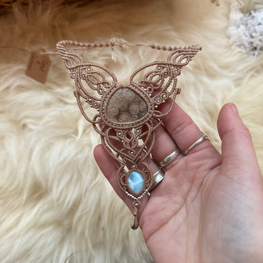 Macrame Coral & Larimar Necklace